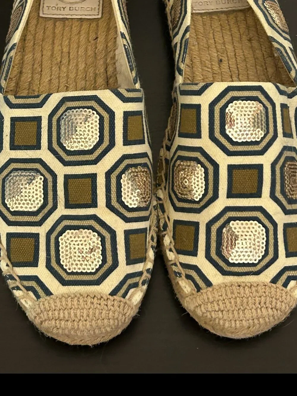 TORY BURCH Sz 7 Cecily Geometric Pattern w/ Sequins Espadrille Flats Shoes Logo